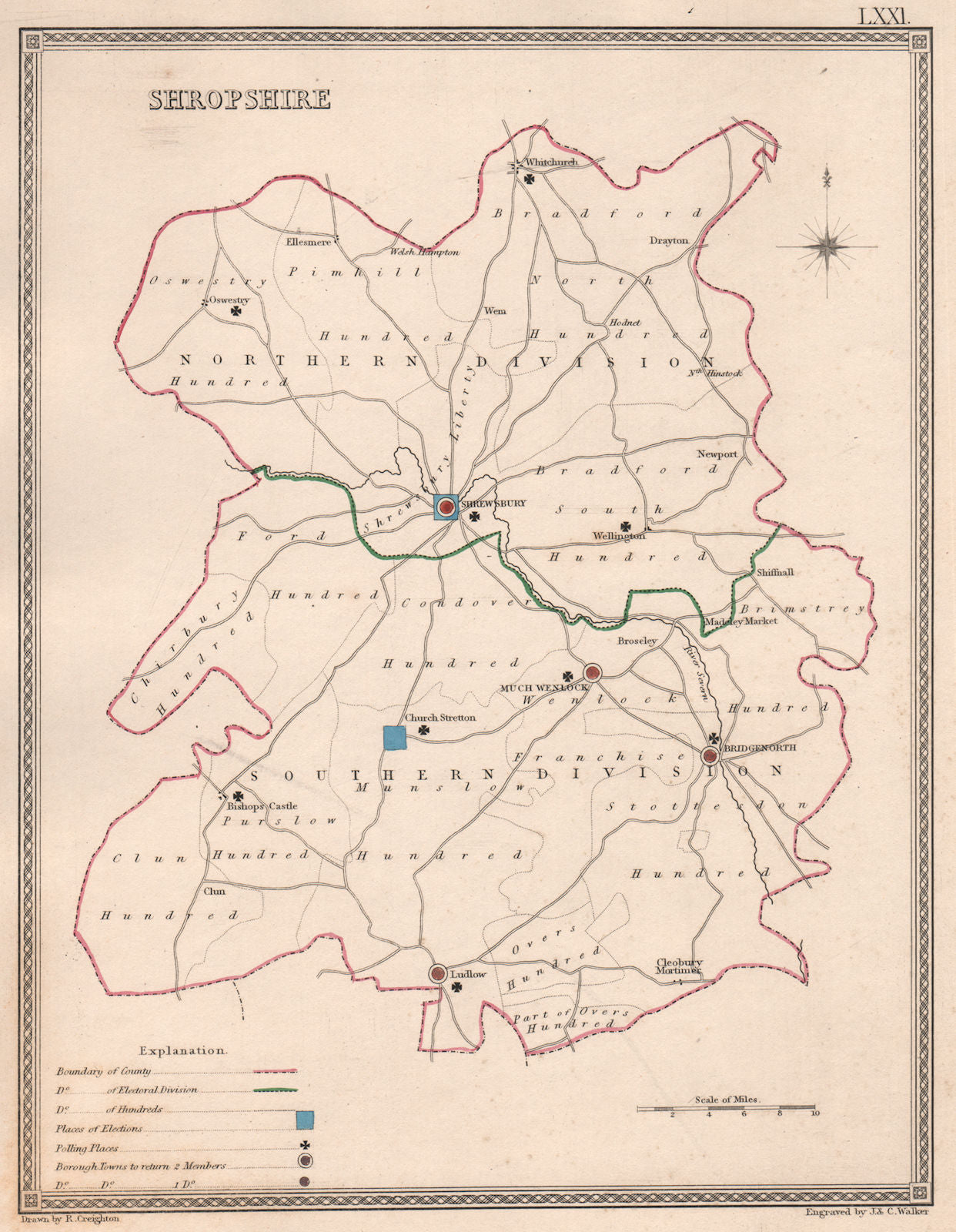 SHROPSHIRE antique county map by CREIGHTON/WALKER. Electoral 1835 old